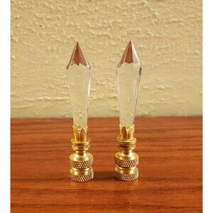 Crystal Lamp Finial Topper Faceted Cone Shape Brass Base 3" Tall Set of 2